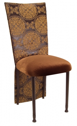 Brown and Gold Crest Chair Cover with Chocolate Suede Cushion on Brown Legs (2)