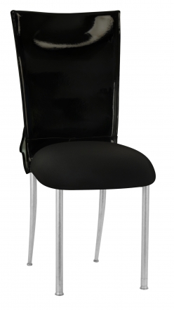 Black Patent Leather Chair Cover with Rhinestone Bow and Black Stretch Knit Cushion on Silver Legs (2)