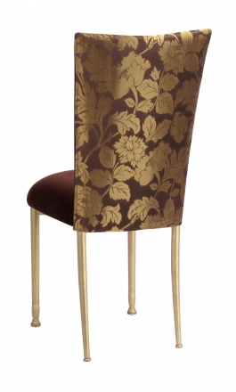 Gold and Brown Damask Chair Cover with Chocolate Suede Cushion with Gold Legs (1)