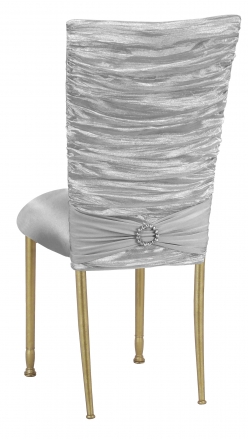 Silver Demure Chair Cover with Jeweled Band and Silver Stretch Knit Cushion on Gold Legs (1)
