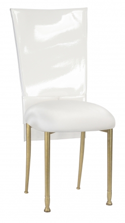 White Patent Chair Cover and Rhinestone Belt with White Stretch Knit Cushion on Gold Legs (2)
