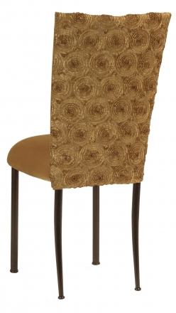 Gold Circle Ribbon Taffeta Chair Cover with Gold Velvet Cushion on Brown Legs (1)