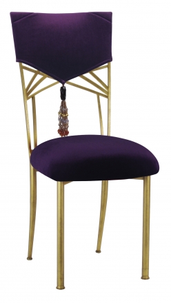Eggplant Velvet Hat and Tassel Chair Cover with Cushion on Gold Fanfare (2)
