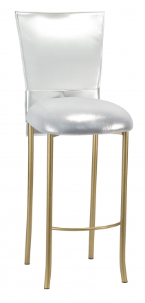 Silver Patent Barstool 3/4 Chair Cover with Rhinestone Accent Belt and Metallic Silver Stretch Knit Cushion on Gold Legs (2)