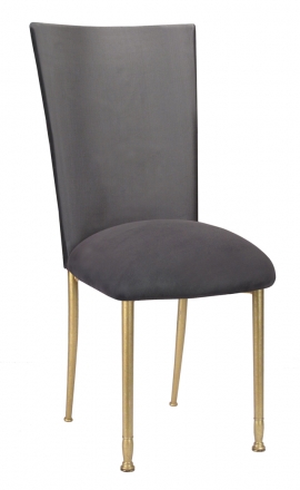 Charcoal Diamond Tufted Taffeta Chair Cover with Charcoal Suede Cushion on Gold Legs (2)