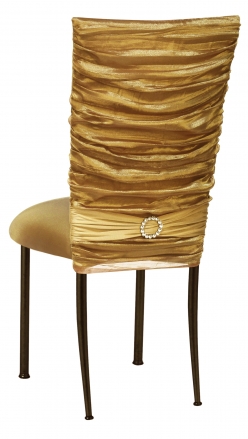 Gold Demure Chair Cover with Jewel Band and Gold Stretch Knit Cushion on Brown Legs (1)