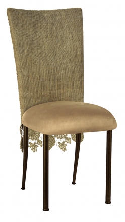 Burlap Chantilly 3/4 Chair Cover with Camel Suede Cushion on Brown Legs (2)