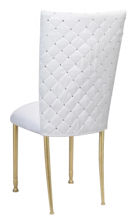 White Diamond Tufted Taffeta Chair Cover with White Suede Cushion on Gold Legs (1)