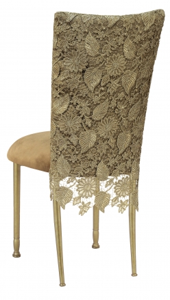 Burlap Chantilly 3/4 Chair Cover with Camel Suede Cushion on Gold Legs (1)