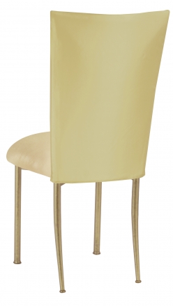 Light Pear Dupioni Chair Cover with Champagne Metallic Gold Stretch Knit Cushion on Gold Legs (1)