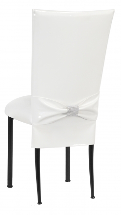 White Patent Chair Cover and Rhinestone Belt with White Stretch Knit Cushion on Black Legs (1)