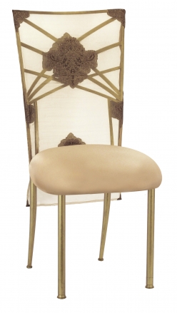Gold Fanfare with Organza Medallion 3/4 Chair Cover and Toffee Stretch Knit Cushion (2)