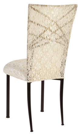 Two Tone Gold Fanfare with Ivory Lace Chair Cover and Ivory Lace over Ivory Stretch Knit Cushion (1)