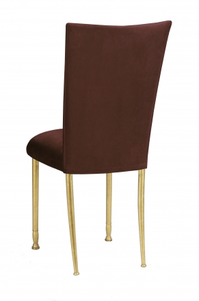 Chocolate Suede Chair Cover and Cushion on Gold Legs (2)