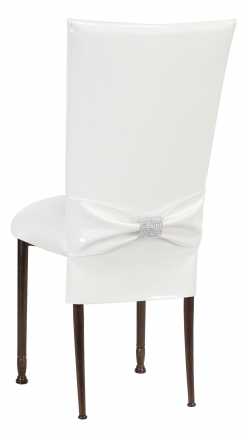 White Patent Chair Cover and Rhinestone Belt with White Stretch Knit Cushion on Mahogany Legs (1)