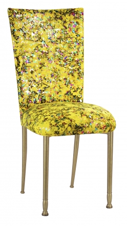 Yellow Paint Splatter Chair Cover and Cushion on Gold Legs (2)