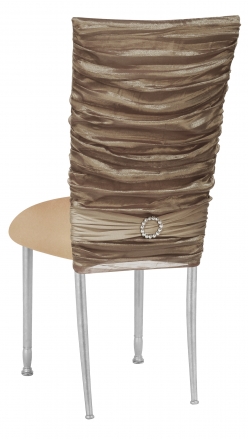 Beige Demure Chair Cover with Jeweled Band and Beige Stretch Knit Cushion on Silver Legs (1)