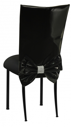 Black Patent Leather Chair Cover with Rhinestone Bow and Black Stretch Knit Cushion on Black Legs (1)