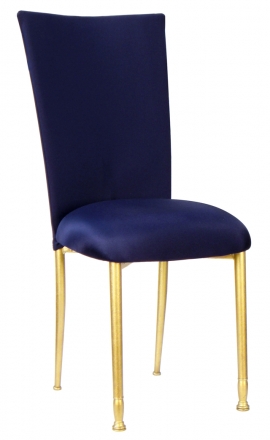 Navy Blue Chair Cover with Button and Cushion on Gold legs (2)