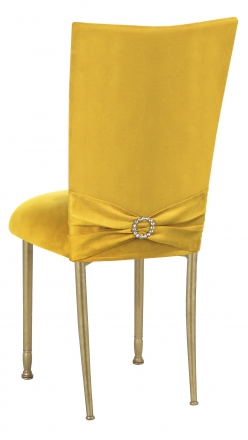 Canary Suede Chair Cover with Jewel Belt and Cushion on Gold Legs (1)
