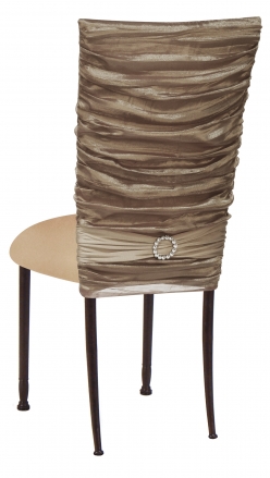 Beige Demure Chair Cover with Jeweled Band and Beige Stretch Knit Cushion on Mahogany Legs (1)