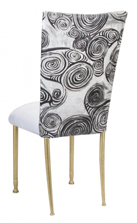 White Swirl Velvet Chair Cover with White Suede Cushion on Gold Legs (1)