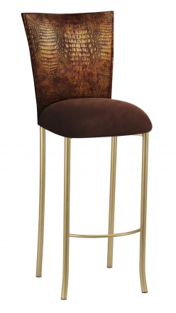 Bronze Croc Barstool Cover with Chocolate Suede Cushion on Gold Legs (2)