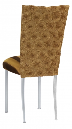 Gold Circle Ribbon Taffeta Chair Cover with Gold and Brown Stripe Cushion on Silver Legs (2)