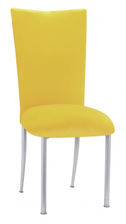 Sunshine Yellow Velvet Chair Cover and Cushion on Silver Legs (2)
