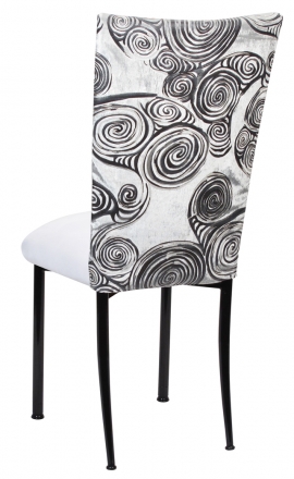 White Swirl Velvet Chair Cover with White Suede Cushion on Black Legs (1)