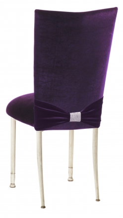 Deep Purple Velvet Chair Cover with Rhinestone Accent and Cushion on Ivory Legs (1)