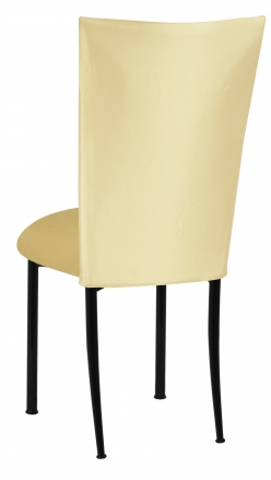 Lemon Ice Dupioni Chair Cover with Gold Knit Cushion on Black Legs (1)