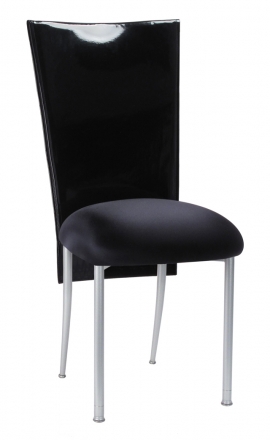 Black Patent 3/4 Chair Cover with Black Stretch Knit Cushion on Silver Legs (2)