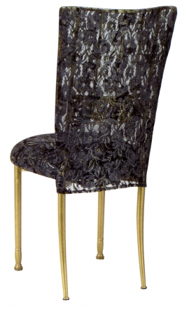 Gold Bella Fleur with Black Lace Chair Cover and Black Lace over Black Stretch Knit Cushion (1)