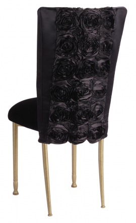 Black Rosette Chair Cover with Black Velvet Cushion on Gold Legs (1)