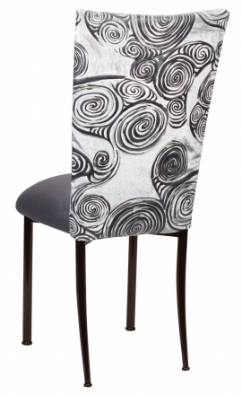 White Swirl Velvet Chair Cover with Charcoal Suede Cushion on Brown Legs (1)