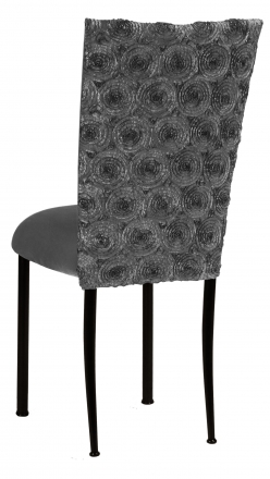 Pewter Circle Ribbon Taffeta Chair Cover with Charcoal Suede Cushion on Black Legs (1)