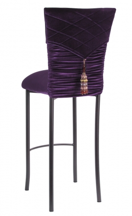 Eggplant Velvet Chloe Chair Cover with Eggplant Hat and Tassel with Cushion on Brown Legs (1)