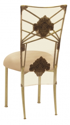 Gold Fanfare with Organza Medallion 3/4 Chair Cover and Toffee Stretch Knit Cushion (1)