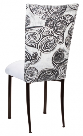 White Swirl Velvet Chair Cover with White Suede Cushion on Brown Legs (1)