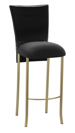 Black Patent Barstool Cover with Bow Belt and Cushion on Gold Legs (2)