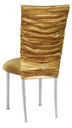 Gold Demure Chair Cover with Jeweled Band and Gold Stretch Knit Cushion on Silver Legs (1)