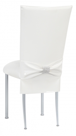 White Patent Chair Cover and Rhinestone Belt with White Stretch Knit Cushion on Silver Legs (1)