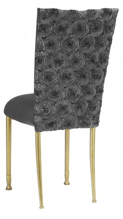 Pewter Circle Ribbon Taffeta Chair Cover with Charcoal Suede Cushion on Gold Legs (1)