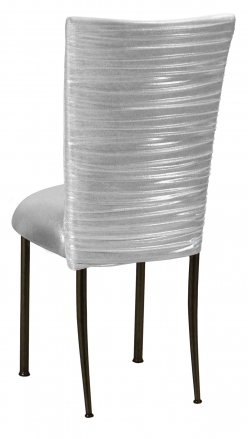 Chloe Metallic Silver on White Foil Chair Cover with Metallic Silver Stretch Knit Cushion on Brown Legs (1)