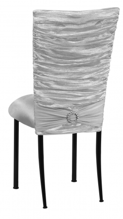 Silver Demure Chair Cover with Jeweled Band and Silver Stretch Knit Cushion on Black Legs (1)