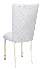 White Diamond Tufted Taffeta Chair Cover with White Suede Cushion on Ivory legs