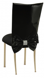 Black Patent Leather Chair Cover with Rhinestone Bow and Black Stretch Knit Cushion on Gold Legs