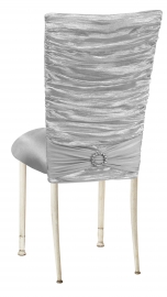 Silver Demure Chair Cover with Jeweled Band and Silver Stretch Knit Cushion on Ivory Legs