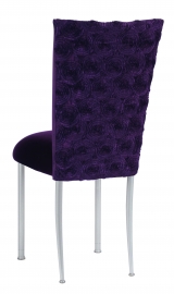 Aubergine Circle Ribbon Taffeta Chair Cover with Eggplant Velvet Cushion on Silver Legs